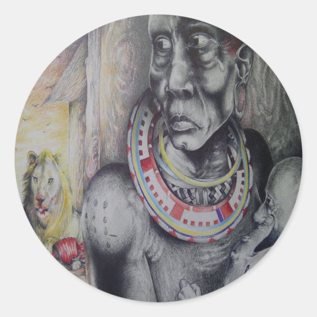 Sticker Rond Masai mère et enfant avec Lion Art Imprimer/Graphi (Devant)