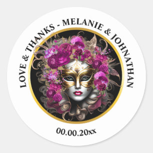 Sticker Rond Mascarade masque visage femme rose fleurs carnaval