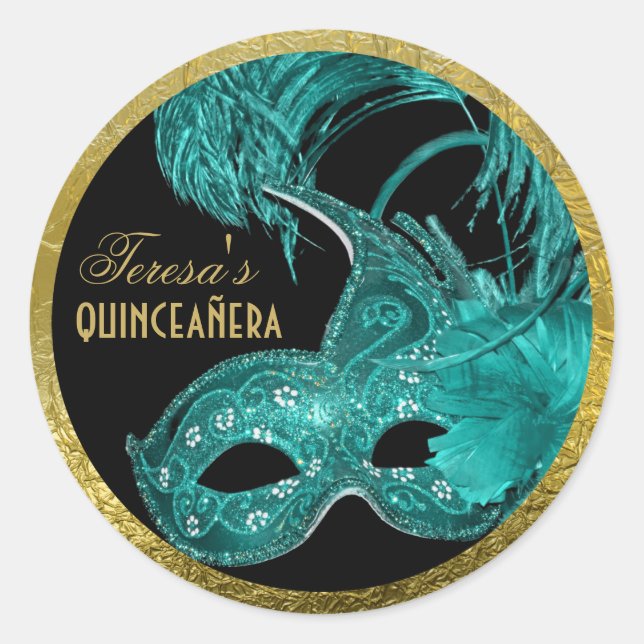 Sticker Rond Mascarade quinceañera anniversaire masque aqua (Devant)