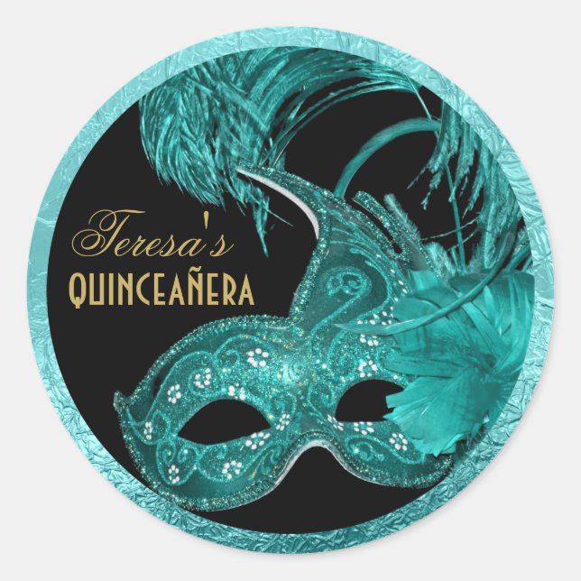 Sticker Rond Mascarade quinceañera anniversaire masque turquois (Devant)