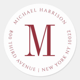 Sticker Rond Masculine Bourgogne Rouge Monogramme Classique