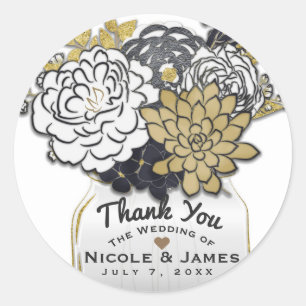 Sticker Rond Mason Fleurs Jar Gris Rustique Gold Floral Favoris