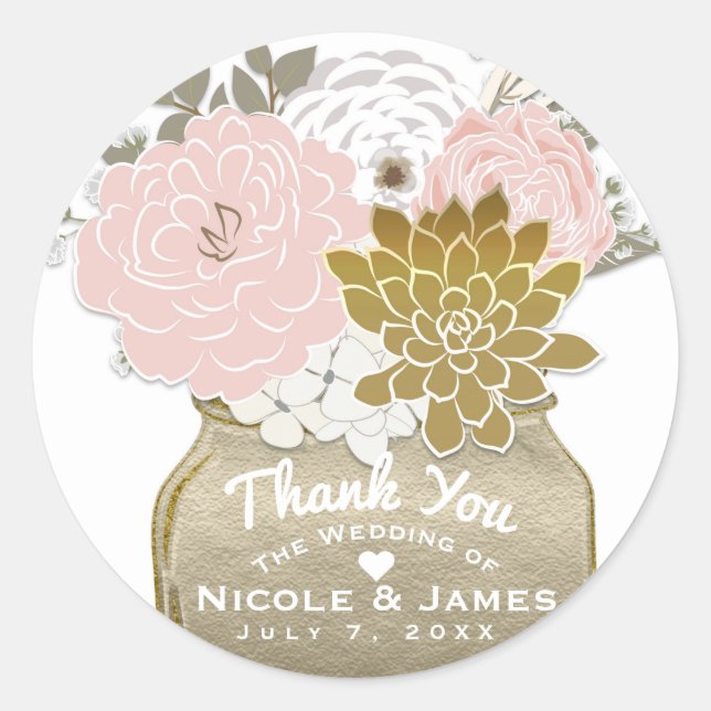 Sticker Rond Mason Fleurs Jar Rustique Floral Rose & Or Chic (Devant)