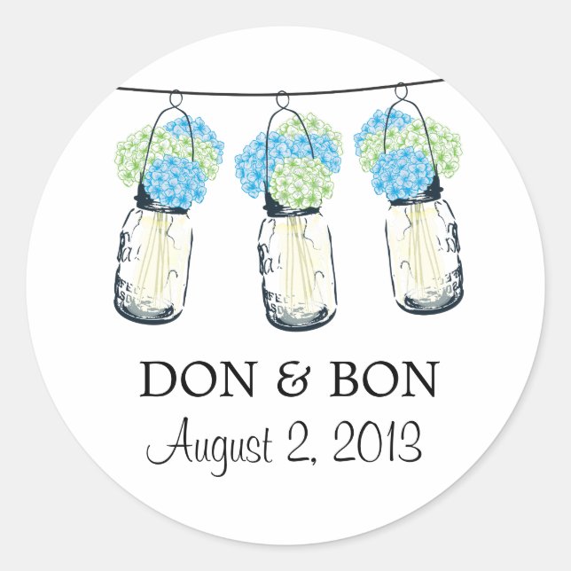 Sticker Rond Mason Jar et Hydrangeas Mariage (Devant)