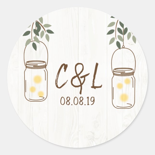 Sticker Rond Mason Jar & Fireflies Mariage rustique (Devant)