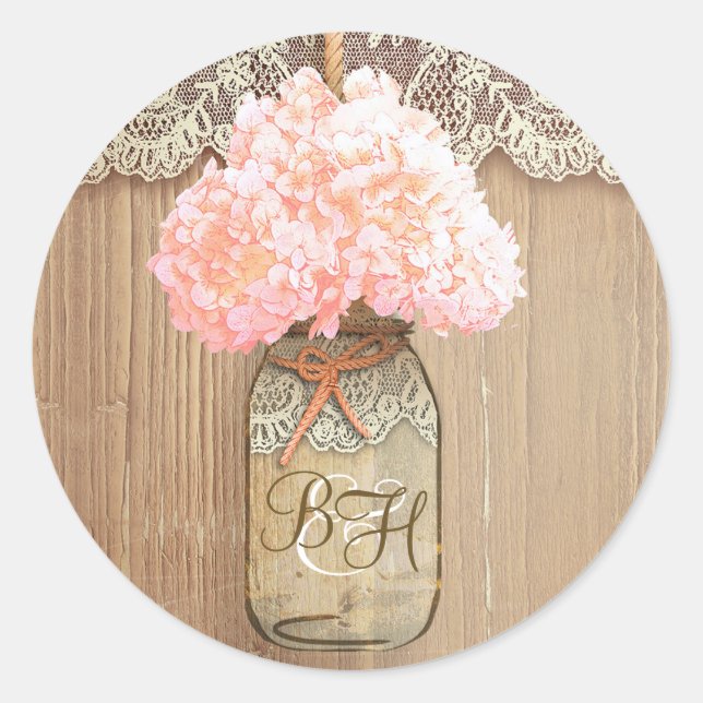 Sticker Rond Mason Jar rose Hydrangea Floral Russe Mariage (Devant)