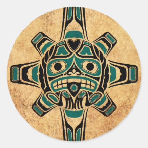 Sticker Rond Masque bleu turquoise vintage de Sun de Haida