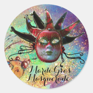 Sticker Rond MASQUE DE JESTER NOIR ET ROUGE À LA FÊTE Mascarade