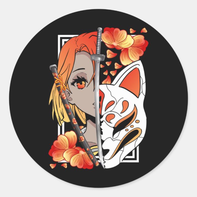 Sticker Rond Masque Japonais Anime Girl Samurai Fleurs d'épée (Devant)