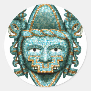 Sticker Rond Masque Quetzalcoatl en mosaïque aztèque