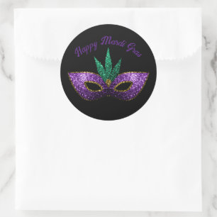 Sticker Rond Masque vert pourpre Étincelles Joyeux Mardi Gras