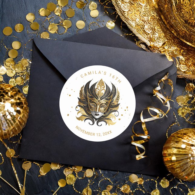 Sticker Rond Masquerade Motif Sweet 16 Black Gold ID1032 (Créateur téléchargé)