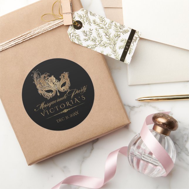 Sticker Rond Masquerade Quinceanera Chic Black Gold (Cadeaux)