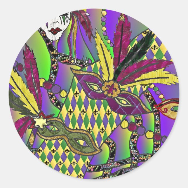 Sticker Rond Masques à plumes de Mardi Gras psychédéliques (Devant)