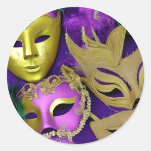 Sticker Rond Masques violet et or Mardi Gras