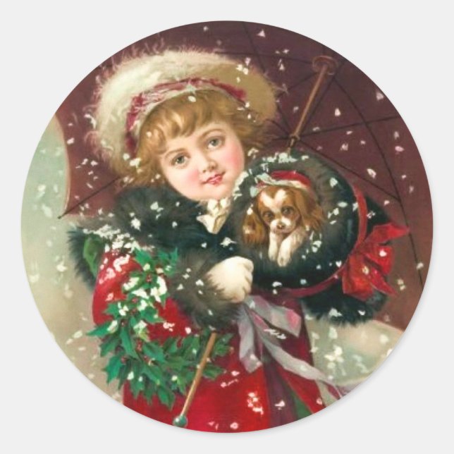 Sticker Rond Maud Humphrey's Winter Girl with dog (Devant)