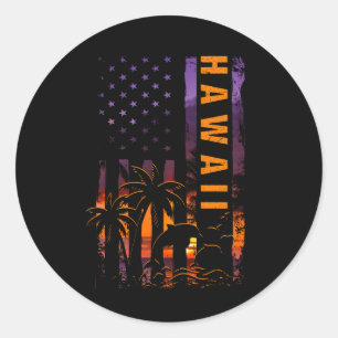 Sticker Rond Maui Hawaii Coucher de soleil Drapeau américain Ho