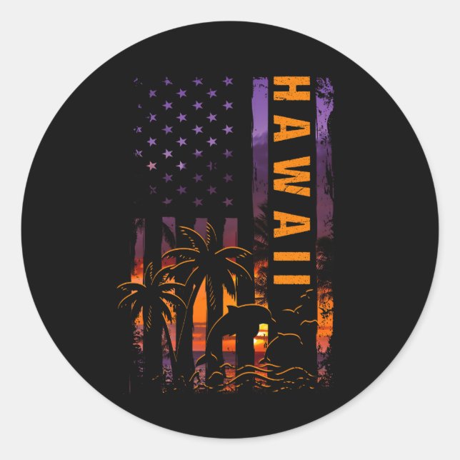 Sticker Rond Maui Hawaii Coucher de soleil Drapeau américain Ho (Devant)