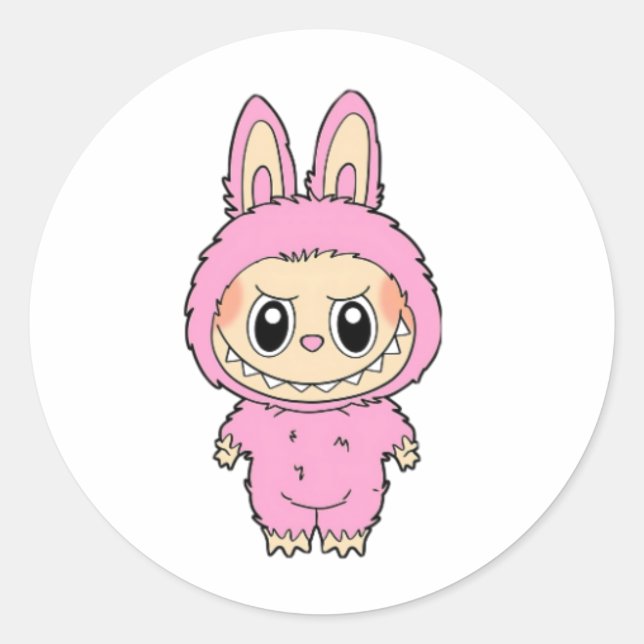 Sticker Rond Mauvais chef lapin rose (Devant)