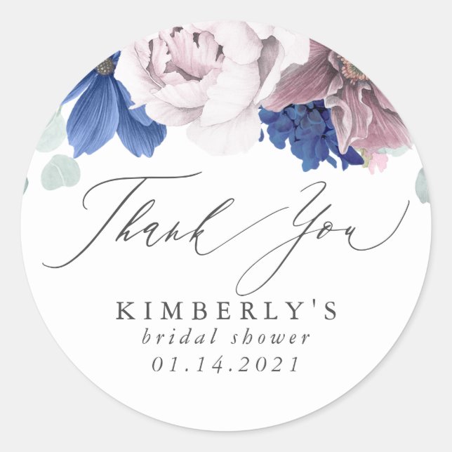 Sticker Rond Mauve et bleu marine floral Merci (Devant)