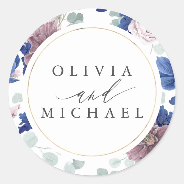 Sticker Rond Mauve et Navy Phoque Mariage floral bleu (Devant)