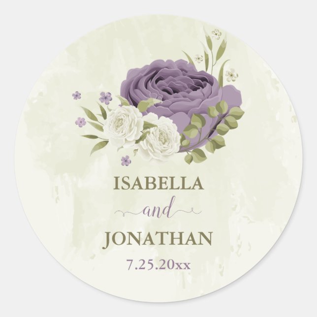 Sticker Rond mauve fleurs blanches verdure mariage (Devant)