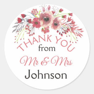 Sticker Rond Mauve Floral Merci Personnalisé M & Mme