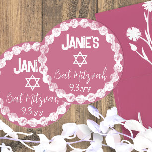 Sticker Rond Mauve Rose Bat Mitzvah Personnalisé