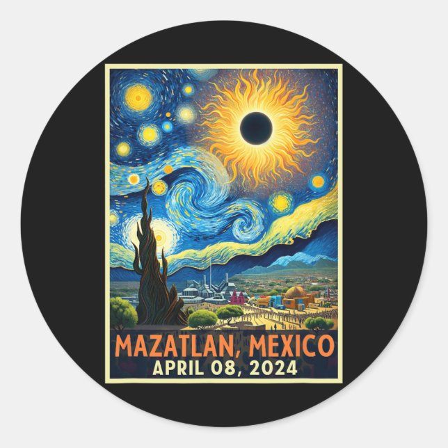 Sticker Rond Mazatlan Mexique Total Solar Eclipse 2024 Starry N (Devant)