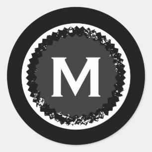Sticker Rond Médaillé Monogramme moderne noir et blanc