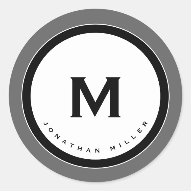 Sticker Rond Médaillon de monogramme gris avec initiale et nom (Devant)