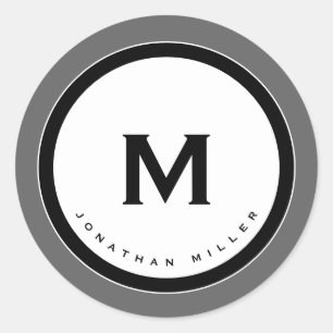 Sticker Rond Médaillon de monogramme gris avec initiale et nom