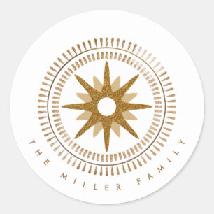 Sticker Rond Médaillon minimaliste Gold Starburst Nom de famill