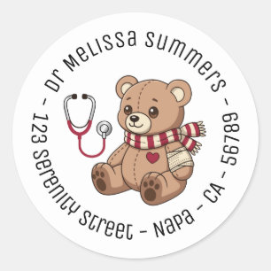 Sticker Rond Médecin Ours en Peluche Pédiatre Texte Rond
