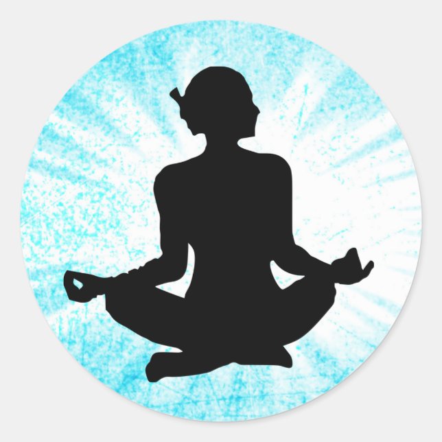 Sticker Rond Médiation Zen Femme Noir et Bleu Sunburst (Devant)