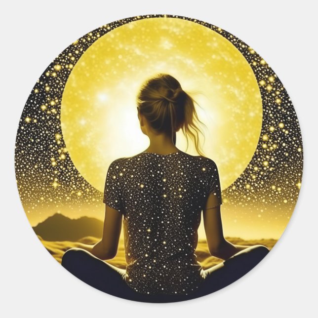Sticker Rond Méditation féminine sous la lune céleste (Devant)