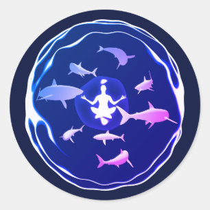 Sticker Rond Méditation sous-marine   Natation avec requins