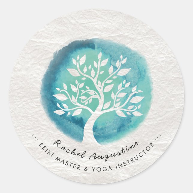 Sticker Rond Méditation Yoga Instructeur Elégant Aquarelle Arbr (Devant)