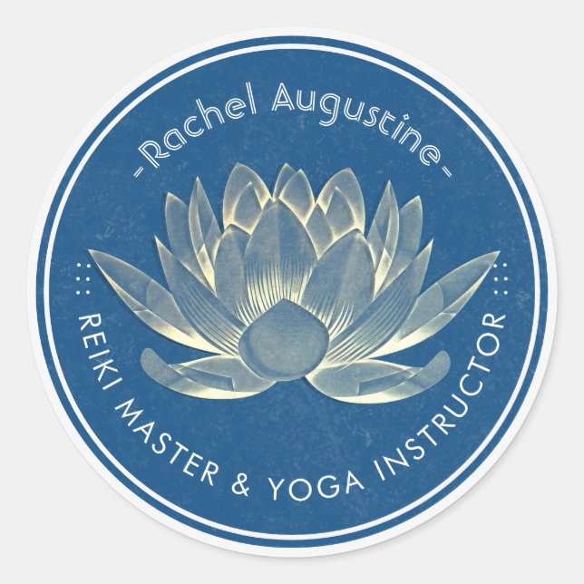 Sticker Rond Méditation YOGA Reiki Instructeur Blue & Gold Lotu (Devant)