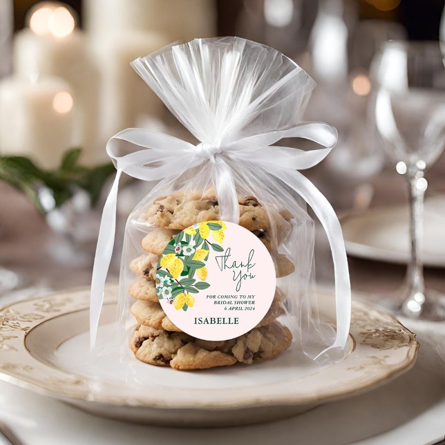 Sticker Rond Méditerranéen Italien Rose Citron Mariage Shower (Mediterranean Italian Lemon Pink Bridal Shower Classic Round Sticker)