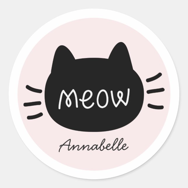 Sticker Rond Mee Chat noir visage rose Nom (Devant)