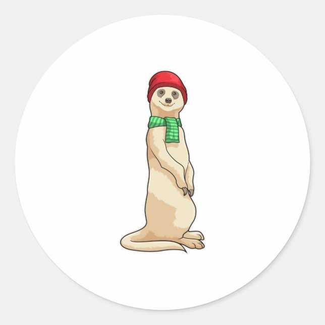 Sticker Rond Meerkat avec Casquette et Écharpe (Devant)