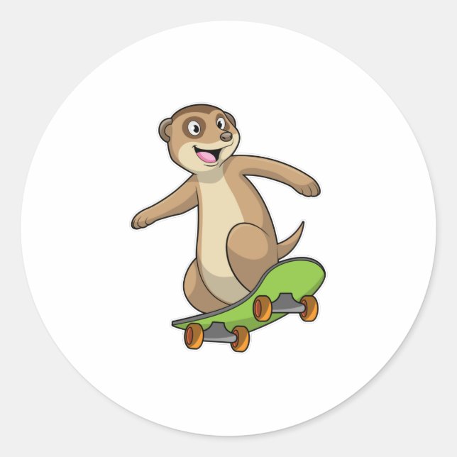 Sticker Rond Meerkat comme Patineur avec Skateboard (Devant)