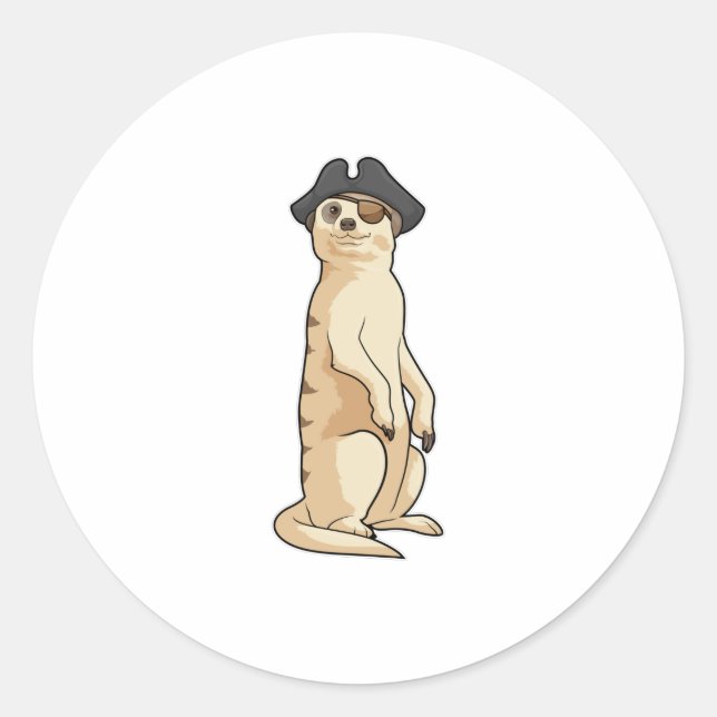 Sticker Rond Meerkat comme Pirate avec casquette pirate (Devant)