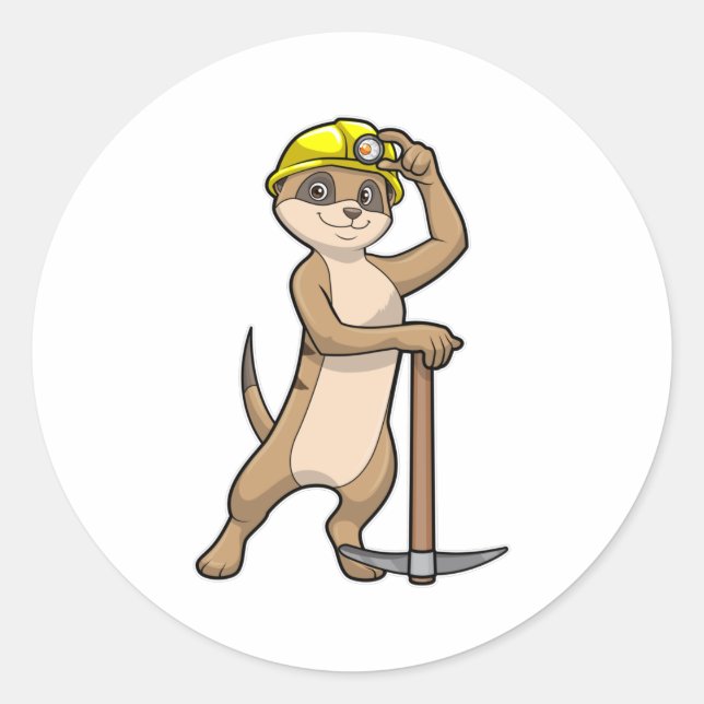 Sticker Rond Meerkat en tant que mineur avec Pickaxe (Devant)