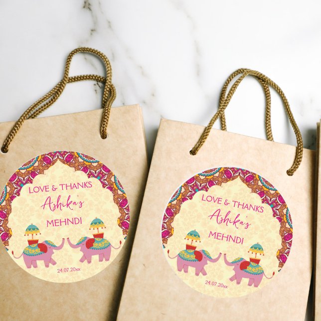 Sticker Rond Mehndi faveur cadeau elephones mignons mandala ros (Mehndi favor gift thank you stickers with cute wedding elephants cerise rangoli pattern)