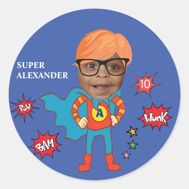 Sticker Rond Meilleur Superhero Enfant Super Comic Anniversaire (Devant)