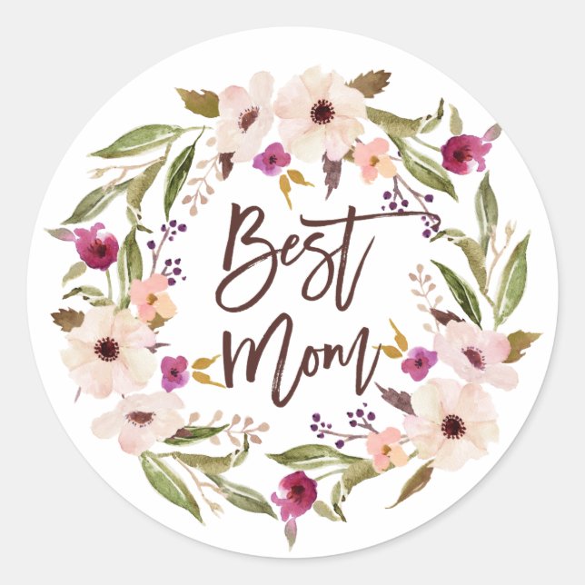 Sticker Rond Meilleure maman | Bohème Aquarelle Florale Wreath (Devant)
