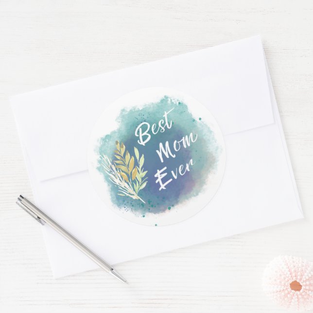 Sticker Rond Meilleure maman jamais aquarelle Floral Blue Round (Enveloppe)