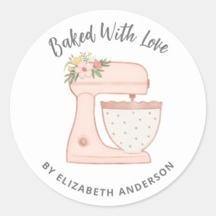 Sticker Rond Mélange De Gâteau Rose Cuit Cuit Avec Amour